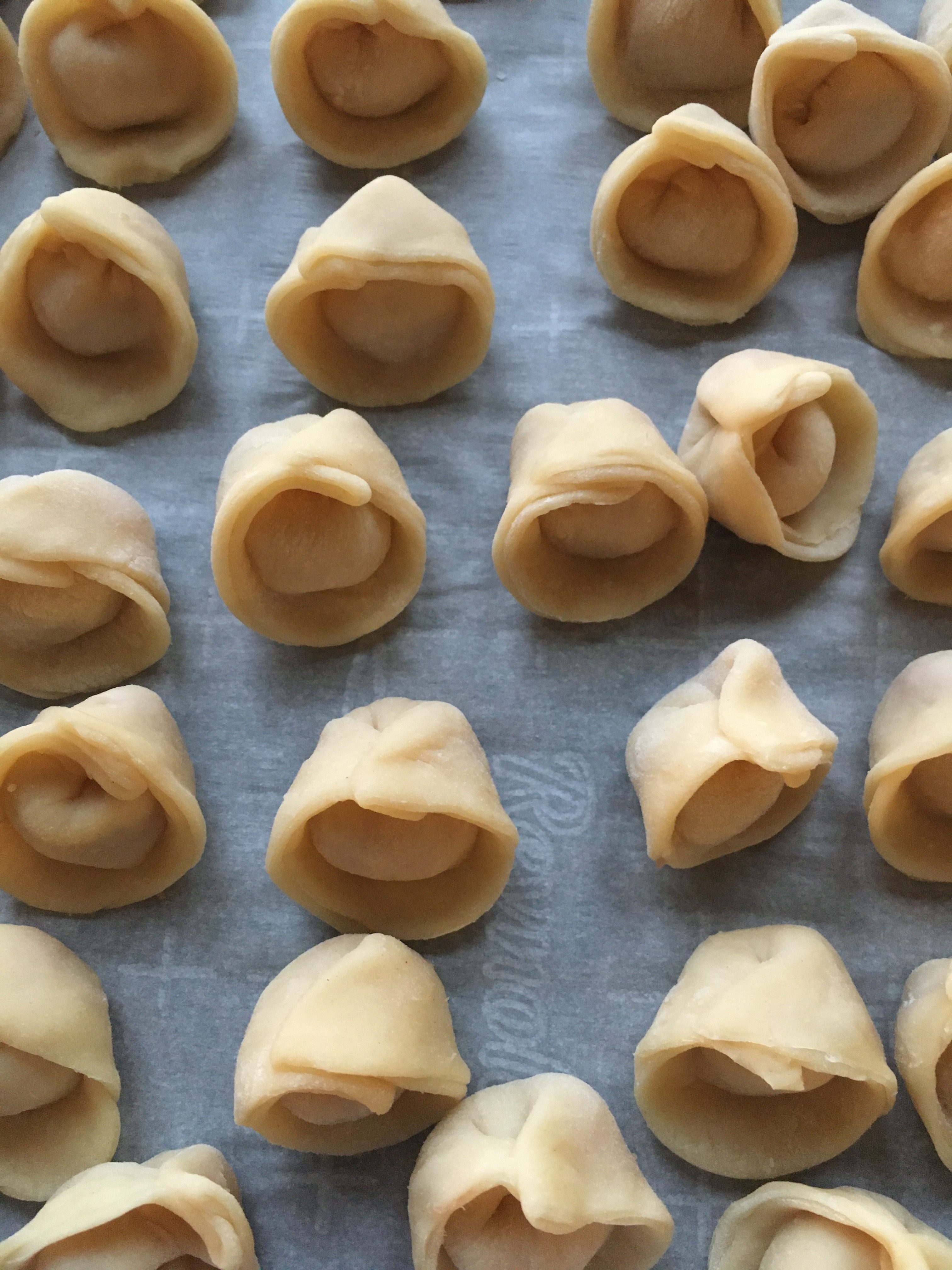 Hand-folded dumplings on a baking tray.